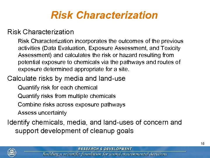 Risk Characterization incorporates the outcomes of the previous activities (Data Evaluation, Exposure Assessment, and