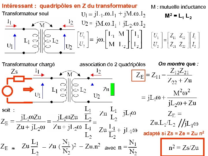 Intéressant : quadripôles en Z du transformateur M : mutuelle inductance Transformateur seul Transformateur