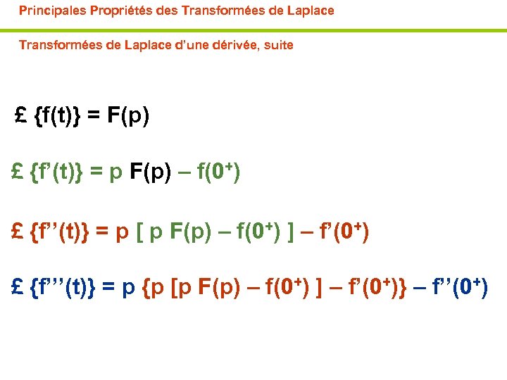 Principales Propriétés des Transformées de Laplace d’une dérivée, suite £ {f(t)} = F(p) £