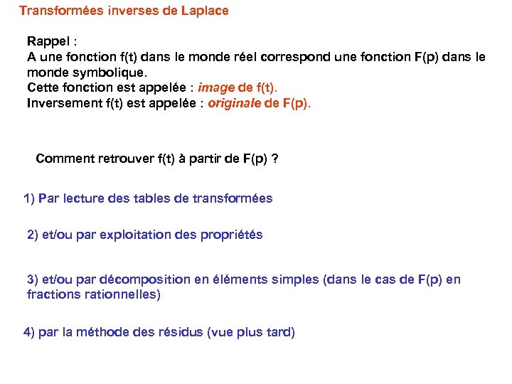 Transformées inverses de Laplace Rappel : A une fonction f(t) dans le monde réel