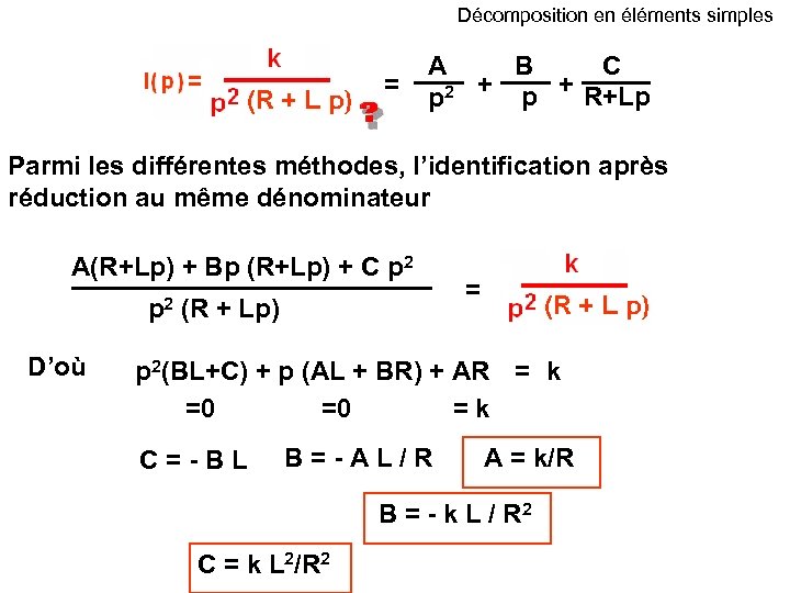 Décomposition en éléments simples = B C A p 2 + p + R+Lp