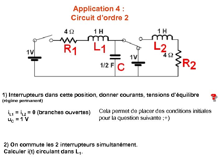 Application 4 : Circuit d’ordre 2 1) Interrupteurs dans cette position, donner courants, tensions