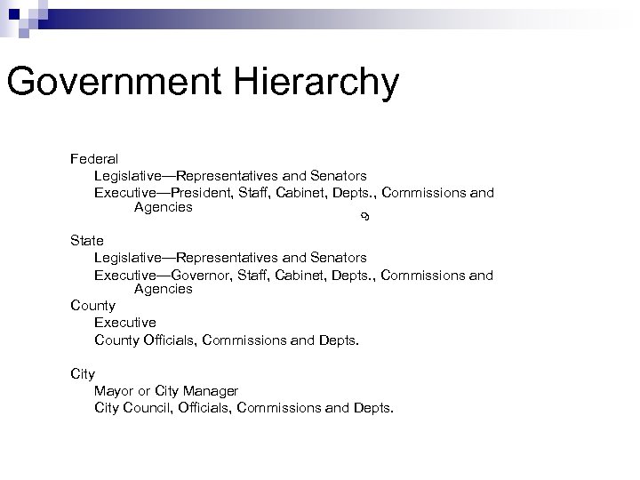 Government Hierarchy 6 Federal Legislative—Representatives and Senators Executive—President, Staff, Cabinet, Depts. , Commissions and