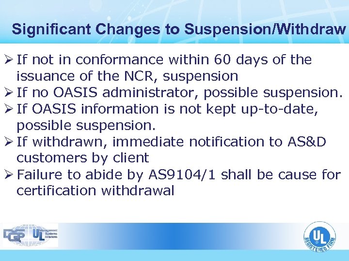 Significant Changes to Suspension/Withdraw Ø If not in conformance within 60 days of the