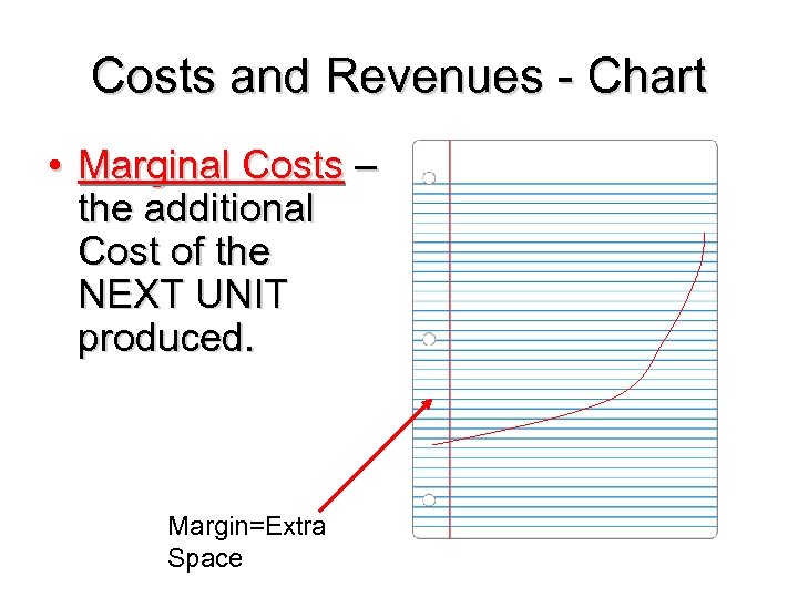 Costs and Revenues - Chart • Marginal Costs – the additional Cost of the