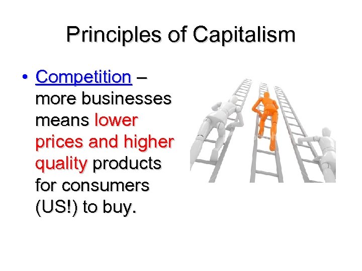 Principles of Capitalism • Competition – more businesses means lower prices and higher quality
