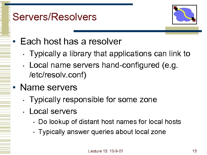 Servers/Resolvers • Each host has a resolver • • Typically a library that applications
