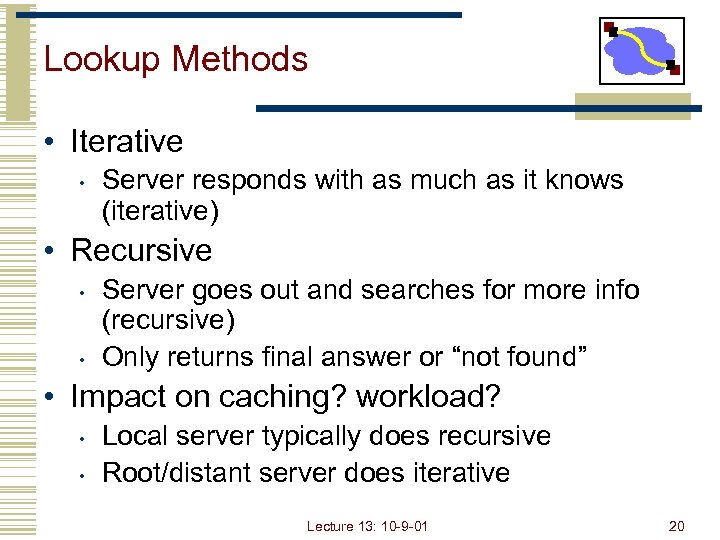 Lookup Methods • Iterative • Server responds with as much as it knows (iterative)