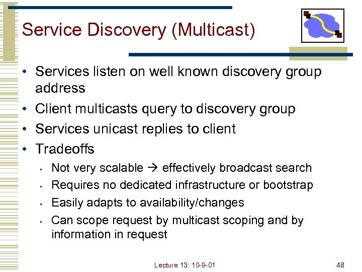 Service Discovery (Multicast) • Services listen on well known discovery group address • Client