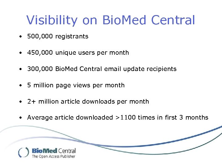 Visibility on Bio. Med Central • 500, 000 registrants • 450, 000 unique users