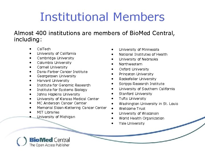 Institutional Members Almost 400 institutions are members of Bio. Med Central, including: • •