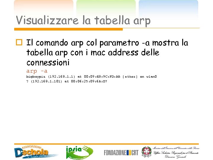 Visualizzare la tabella arp o Il comando arp col parametro -a mostra la tabella