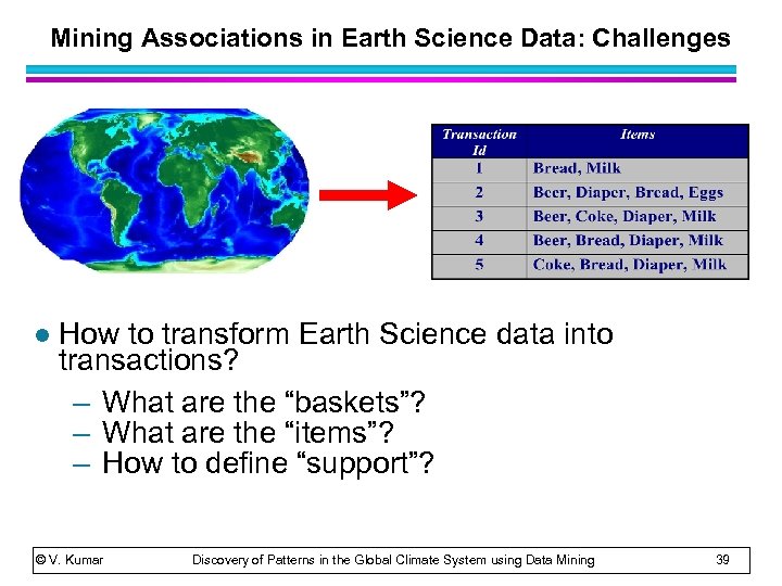 Mining Associations in Earth Science Data: Challenges l How to transform Earth Science data