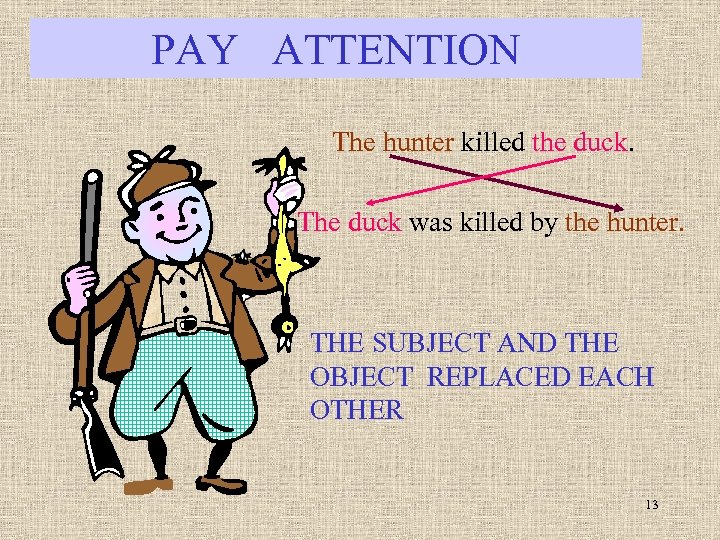 PAY ATTENTION The hunter killed the duck. The duck was killed by the hunter.