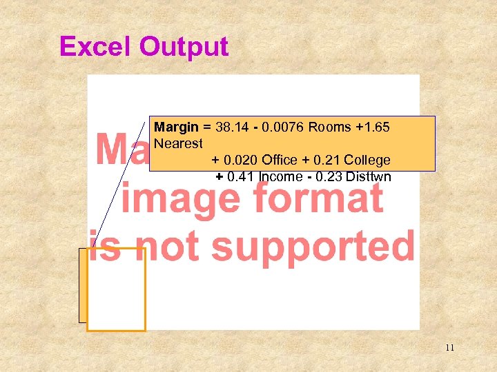 Excel Output This is the sample regression equation (sometimes called the prediction equation) Margin