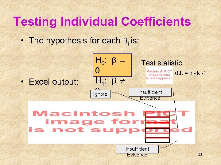 Testing Individual Coefficients • The hypothesis for each bi is: • Excel output: H