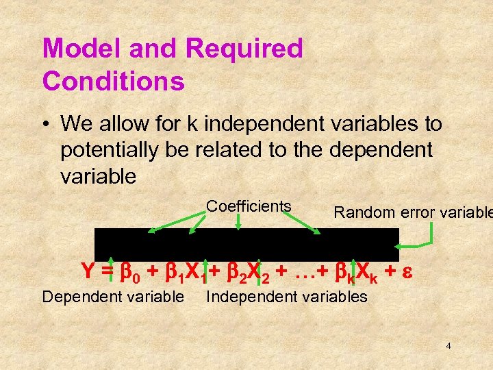 Model and Required Conditions • We allow for k independent variables to potentially be