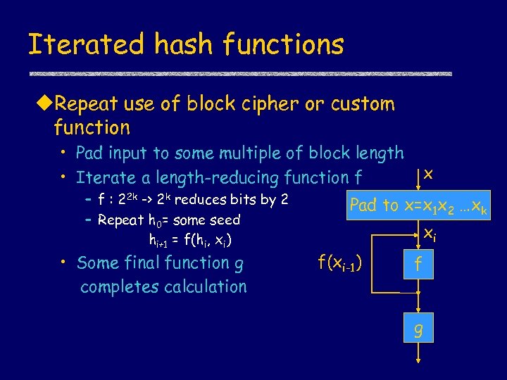 Iterated hash functions u. Repeat use of block cipher or custom function • Pad