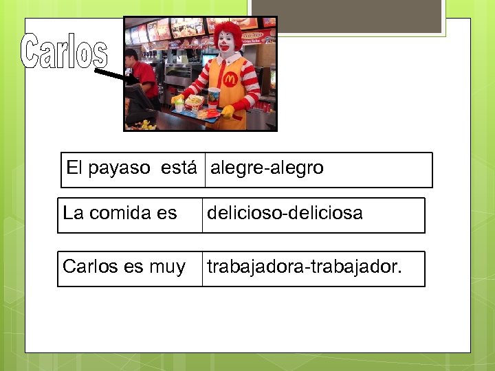 El payaso está alegre-alegro La comida es delicioso-deliciosa Carlos es muy trabajadora-trabajador. 