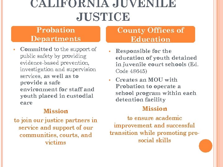 CALIFORNIA JUVENILE JUSTICE Probation Departments § Committed to the support of public safety by