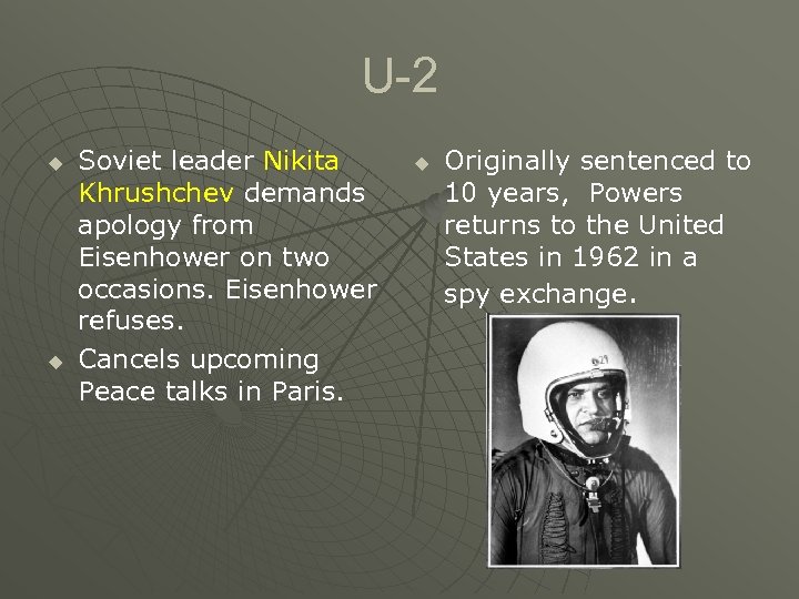 U-2 u u Soviet leader Nikita Khrushchev demands apology from Eisenhower on two occasions.