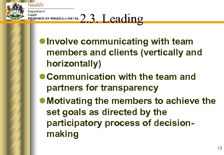 2. 3. Leading l Involve communicating with team members and clients (vertically and horizontally)