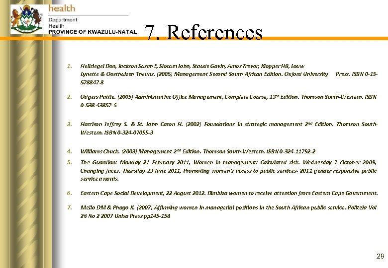 7. References 1. Hellriegel Don, Jackson Susan E, Slocum John, Staude Gavin, Amos Trevor,