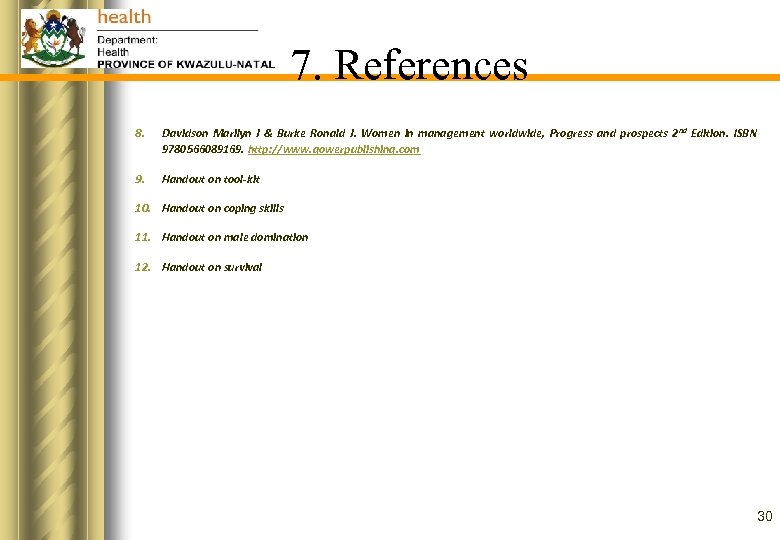 7. References 8. Davidson Marilyn J & Burke Ronald J. Women in management worldwide,