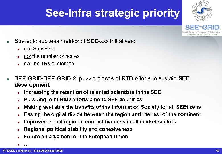 See-Infra strategic priority Strategic success metrics of SEE-xxx initiatives: not Gbps/sec not the number