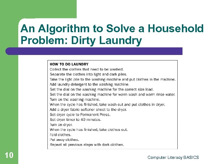 An Algorithm to Solve a Household Problem: Dirty Laundry 10 Computer Literacy BASICS 