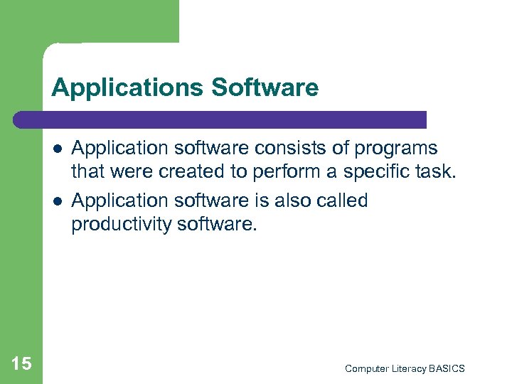 Applications Software l l 15 Application software consists of programs that were created to