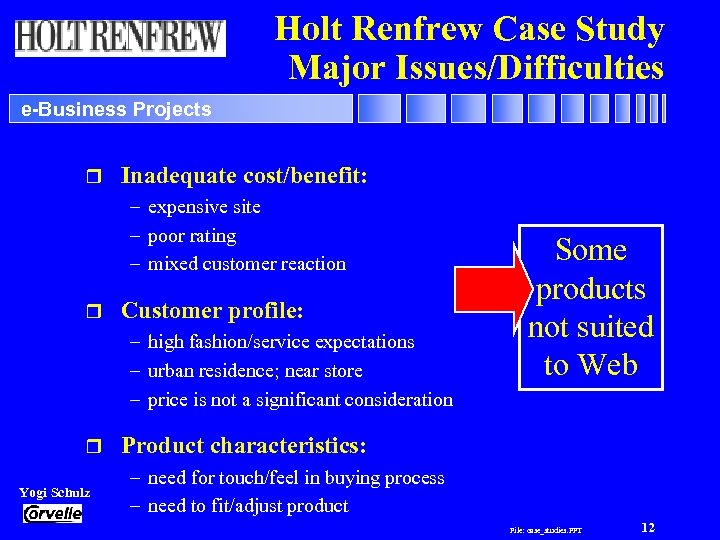 Holt Renfrew Case Study Major Issues/Difficulties e-Business Projects r Inadequate cost/benefit: – expensive site