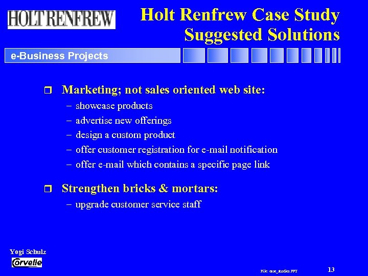 Holt Renfrew Case Study Suggested Solutions e-Business Projects r Marketing; not sales oriented web