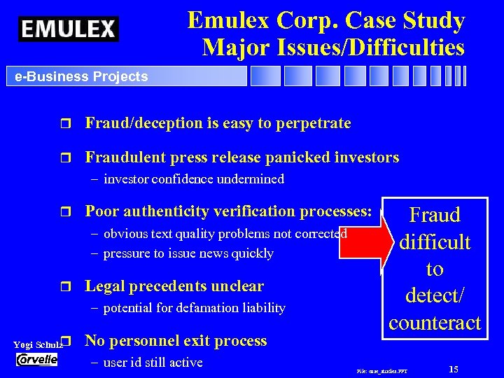 Emulex Corp. Case Study Major Issues/Difficulties e-Business Projects r Fraud/deception is easy to perpetrate