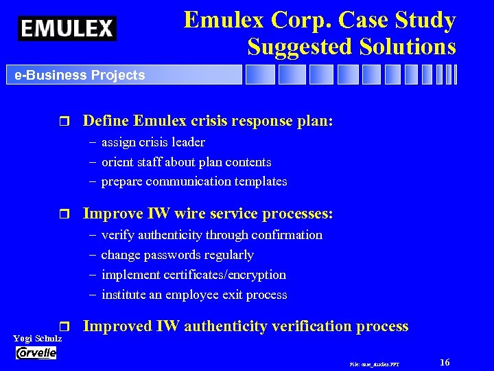Emulex Corp. Case Study Suggested Solutions e-Business Projects r Define Emulex crisis response plan: