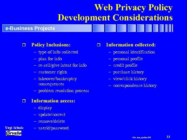 Web Privacy Policy Development Considerations e-Business Projects r Policy Inclusions: – – – type