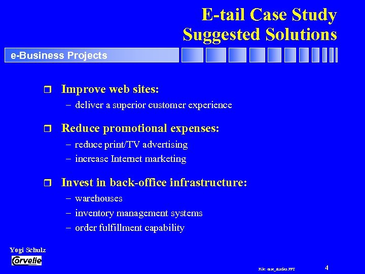 E-tail Case Study Suggested Solutions e-Business Projects r Improve web sites: – deliver a