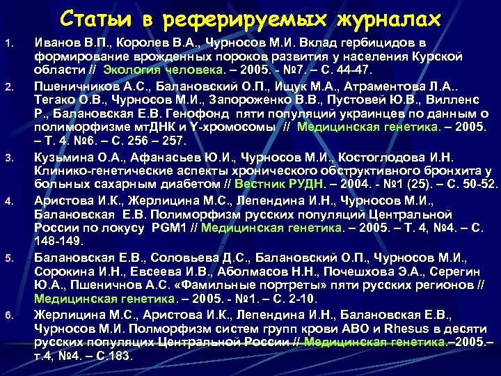 Статьи в реферируемых журналах 1. 2. 3. 4. 5. 6. Иванов В. П. ,