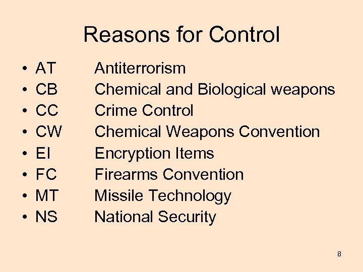 Reasons for Control • • AT CB CC CW EI FC MT NS Antiterrorism