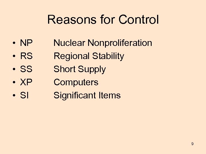 Reasons for Control • • • NP RS SS XP SI Nuclear Nonproliferation Regional