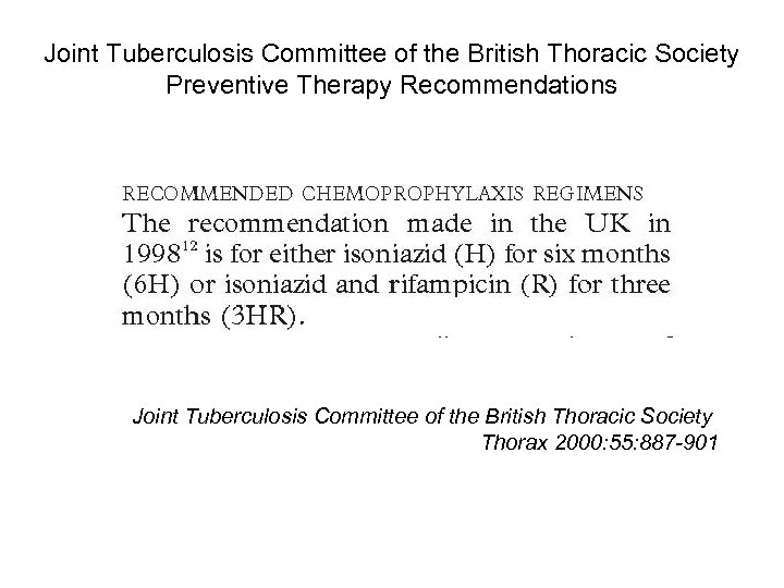 Joint Tuberculosis Committee of the British Thoracic Society Preventive Therapy Recommendations Joint Tuberculosis Committee