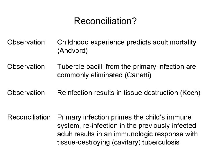 Reconciliation? Observation Childhood experience predicts adult mortality (Andvord) Observation Tubercle bacilli from the primary