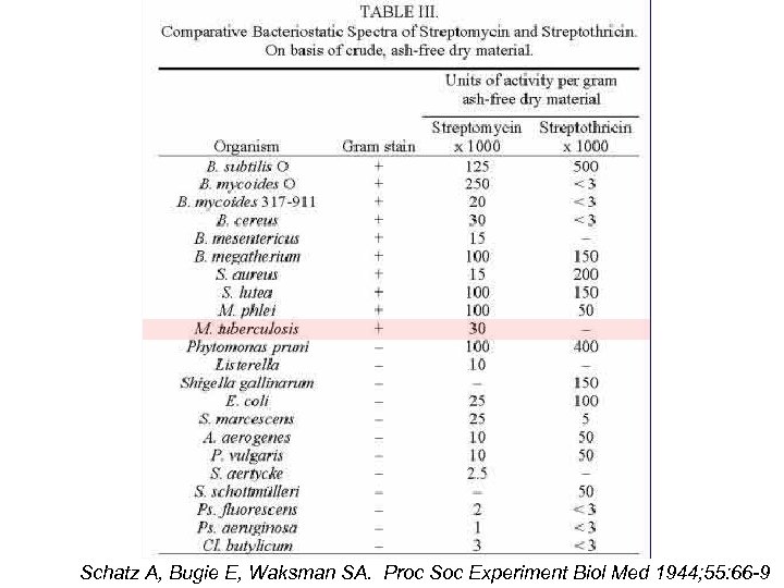 Schatz A, Bugie E, Waksman SA. Proc Soc Experiment Biol Med 1944; 55: 66