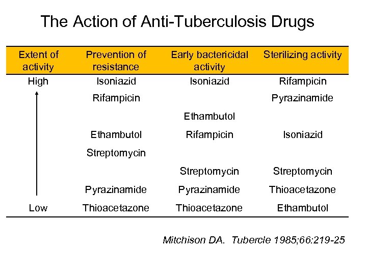 The Action of Anti-Tuberculosis Drugs Extent of activity High Prevention of resistance Isoniazid Early