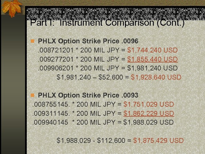 Part I: Instrument Comparison (Cont. ) n PHLX Option Strike Price. 0096 . 008721201
