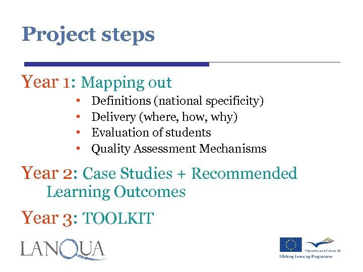 Project steps Year 1: Mapping out • • Definitions (national specificity) Delivery (where, how,