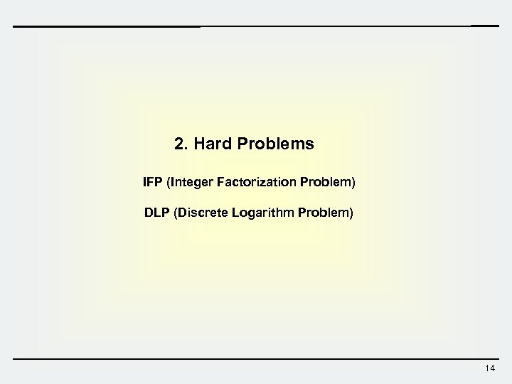 2. Hard Problems IFP (Integer Factorization Problem) DLP (Discrete Logarithm Problem) 14 
