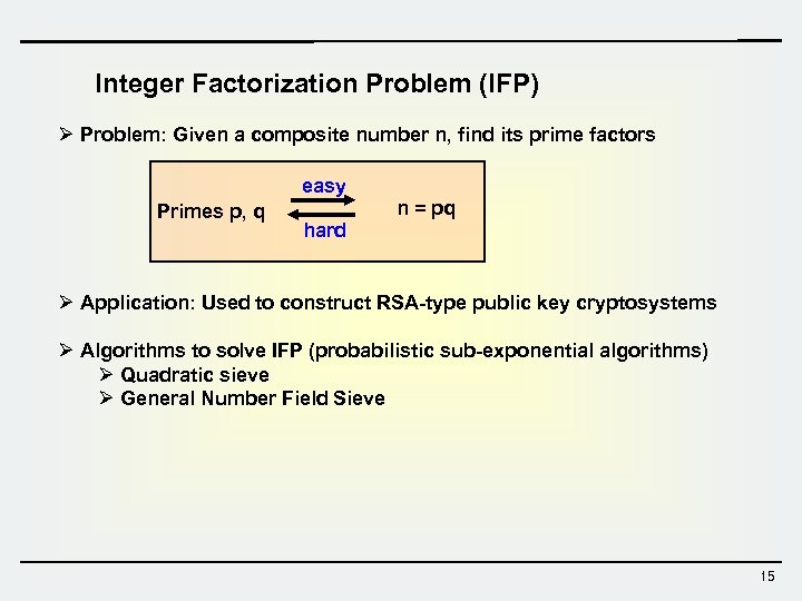 Integer Factorization Problem (IFP) Ø Problem: Given a composite number n, find its prime