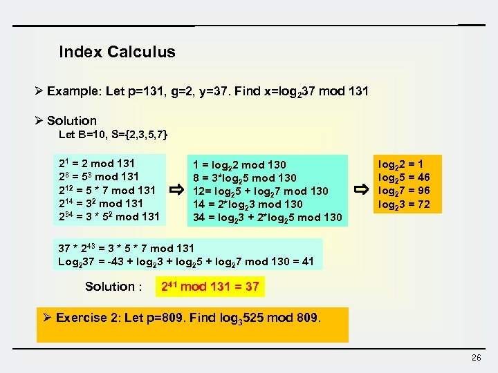 Index Calculus Ø Example: Let p=131, g=2, y=37. Find x=log 237 mod 131 Ø