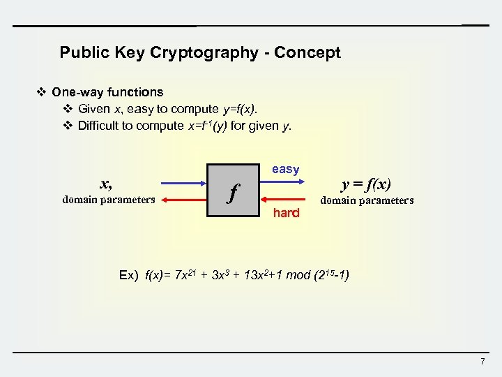 Public Key Cryptography - Concept v One-way functions v Given x, easy to compute